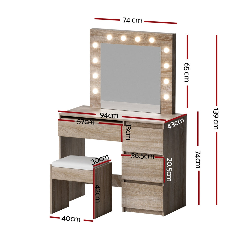 Artiss LED Dressing Table & Stool with 12 Bulbs and 4 Drawers – Wood Look