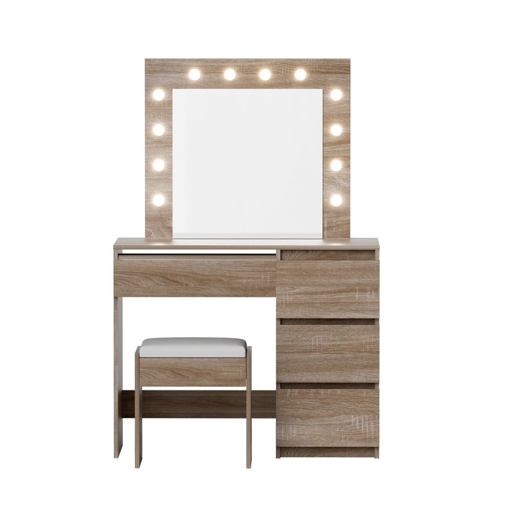 Artiss LED Dressing Table & Stool with 12 Bulbs and 4 Drawers – Wood Look