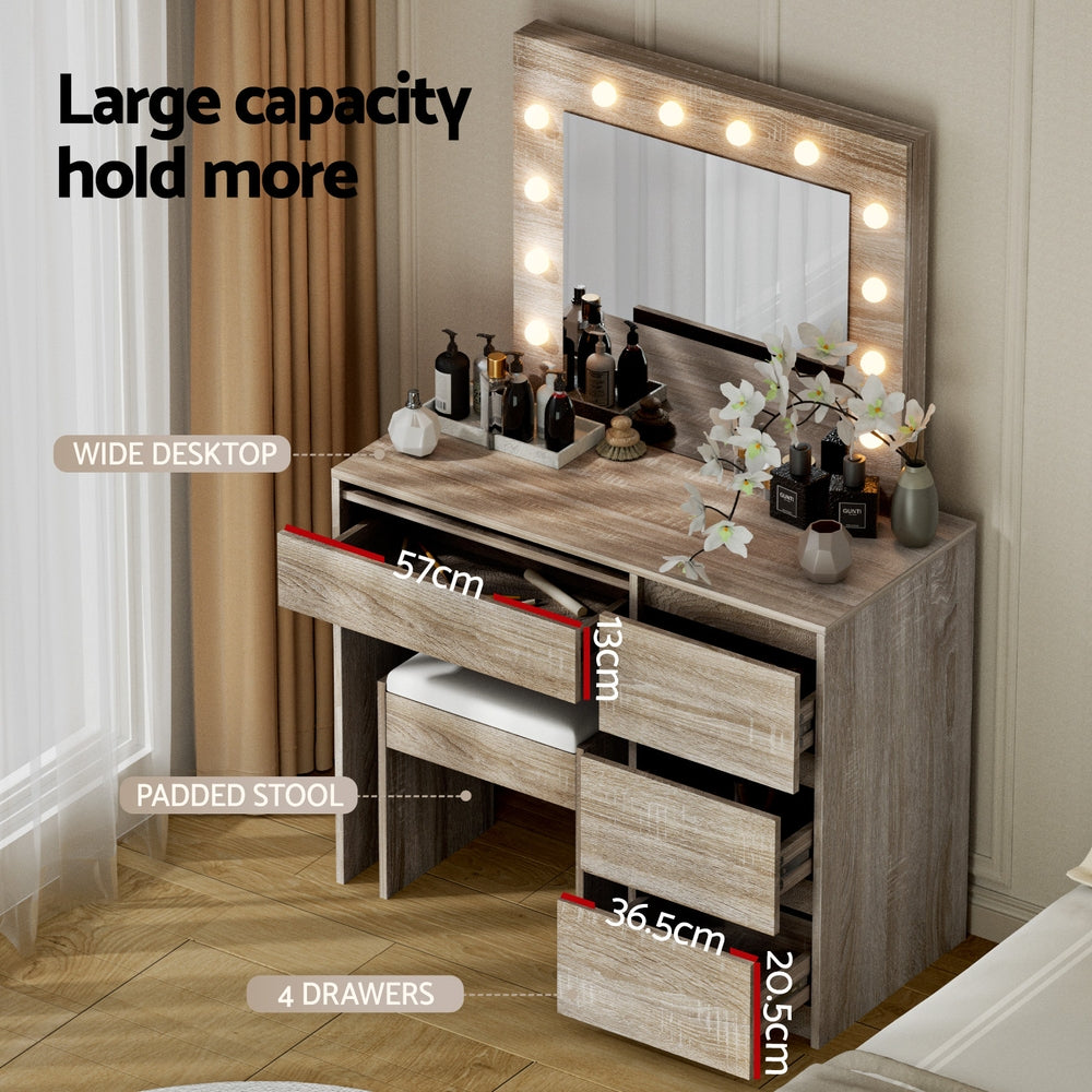 Artiss LED Dressing Table & Stool with 12 Bulbs and 4 Drawers – Wood Look