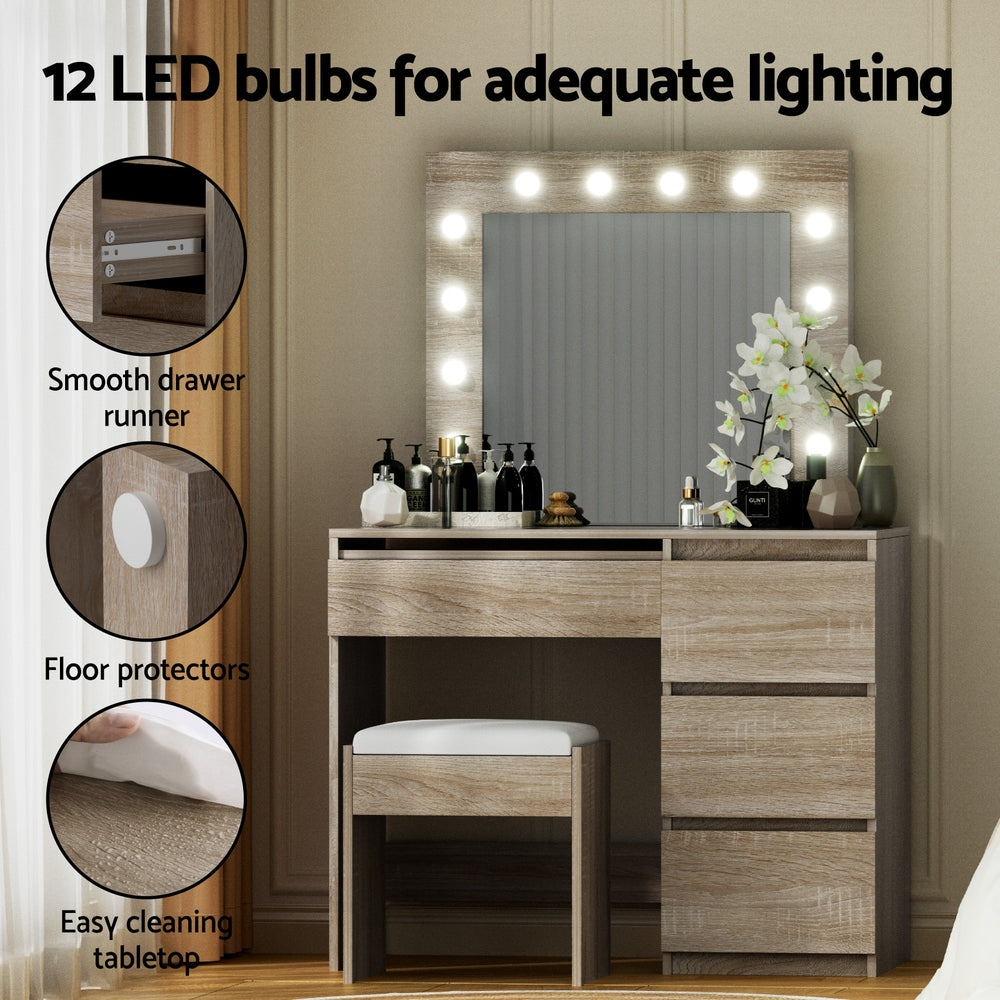Artiss LED Dressing Table & Stool with 12 Bulbs and 4 Drawers – Wood Look