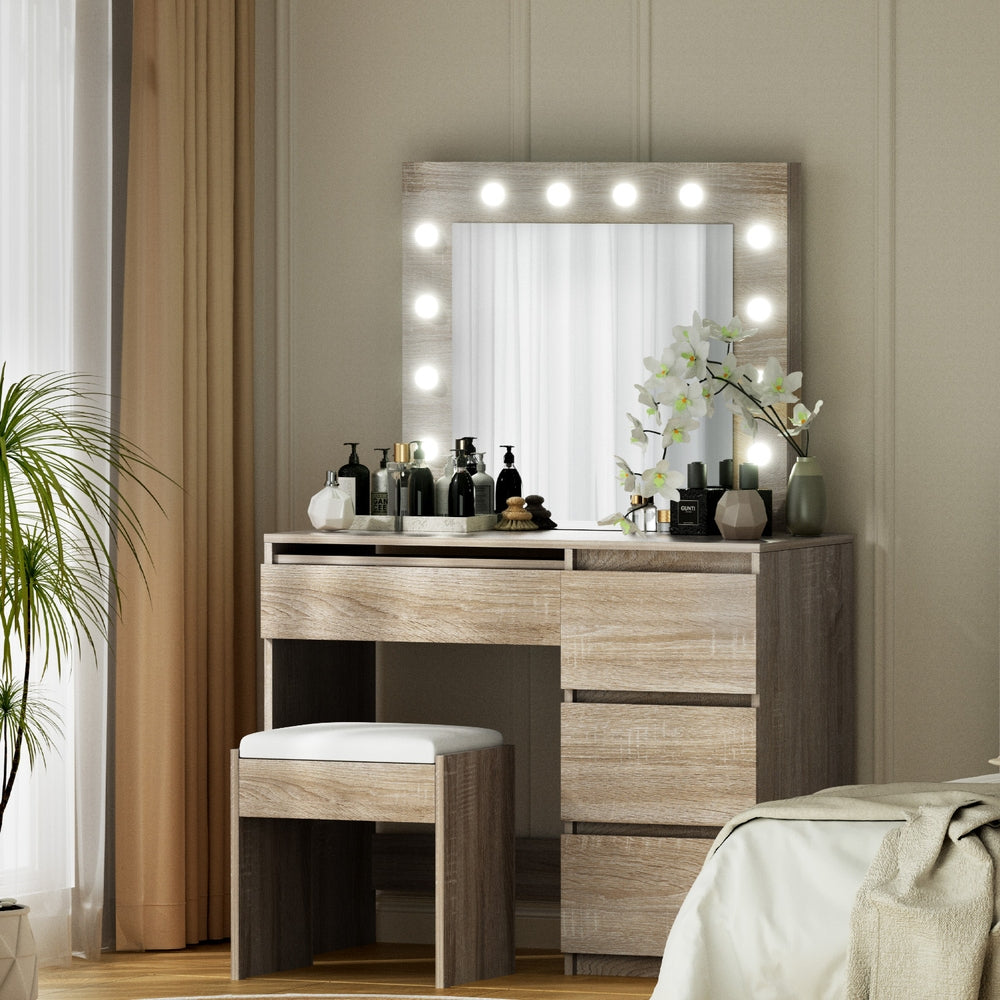 Artiss LED Dressing Table & Stool with 12 Bulbs and 4 Drawers – Wood Look