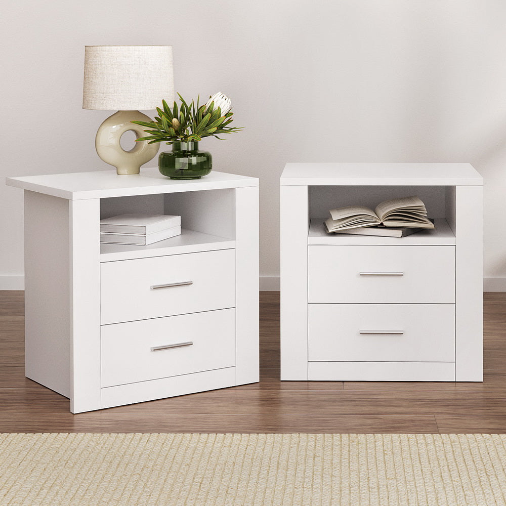 Artiss Tara Bedside Tables with 2 Drawers and Shelf – White, Set of 2
