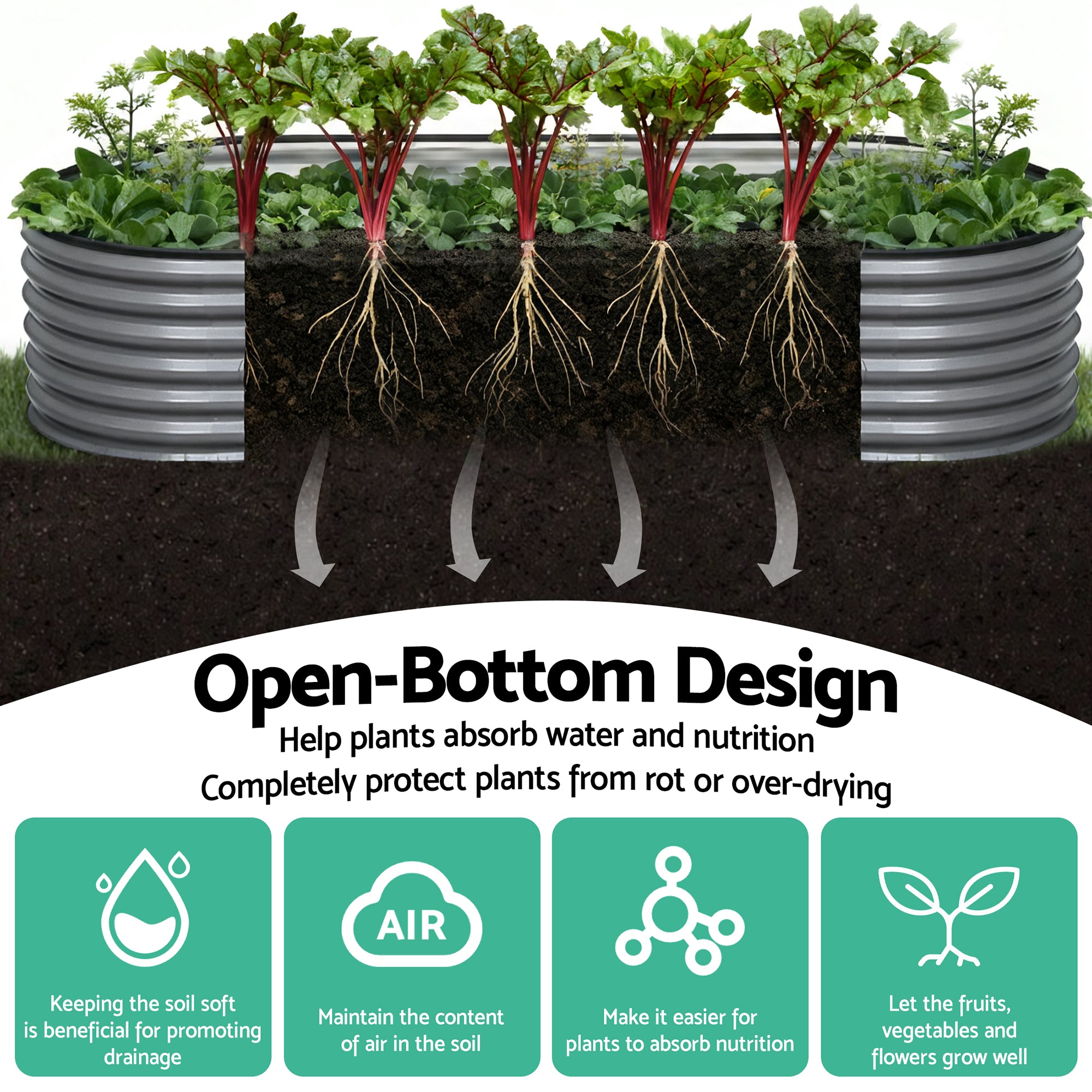 Green Fingers 4 Pcs Raised Garden Bed Kit Oval Galvanized Steel Planter Boxes 240x80x42cm, Heavy Duty Metal Elevated Garden Bed for Vegetables Flowers Herbs, with Safety Edging, Gloves & Pegs Included