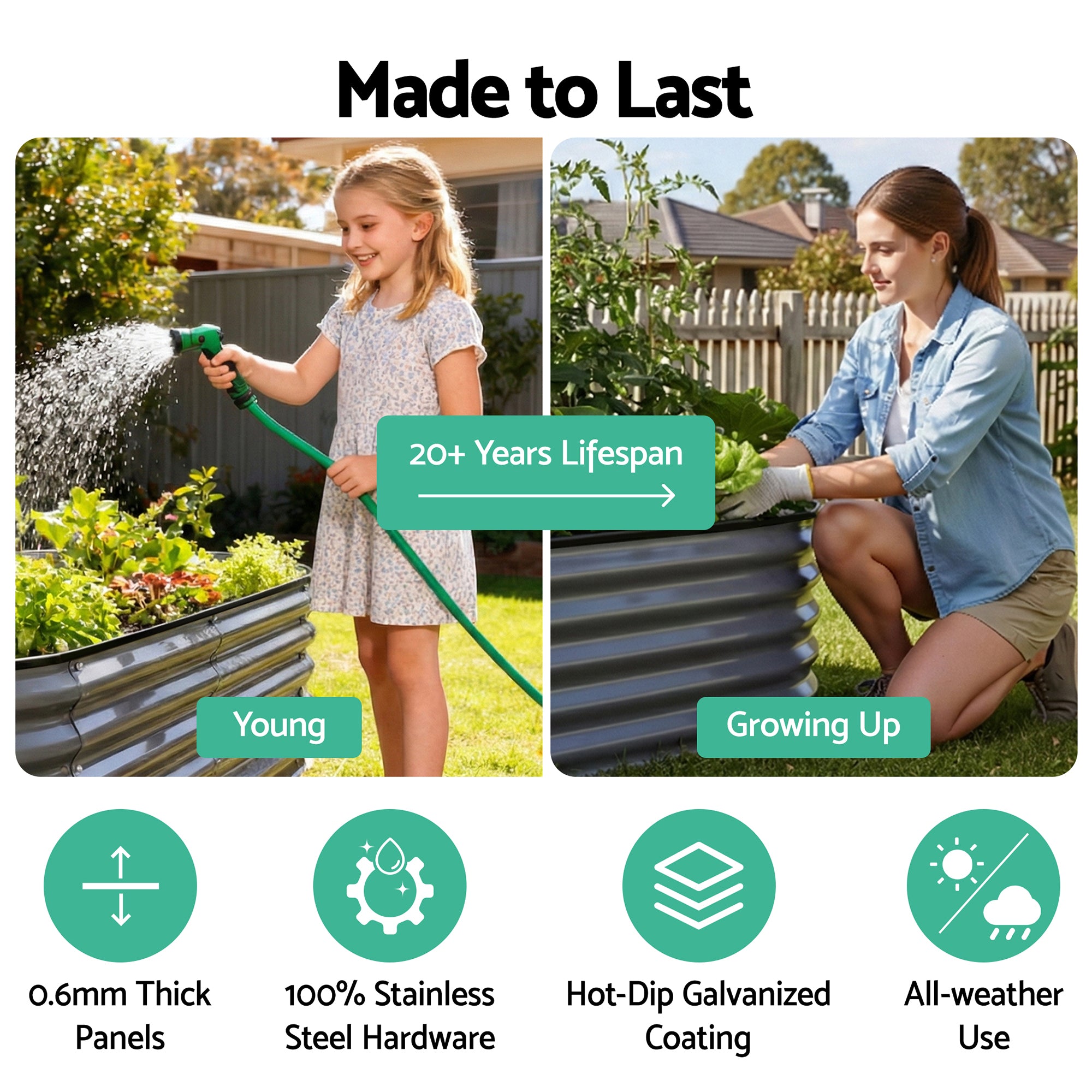 Green Fingers 4 Pcs Raised Garden Bed Kit Oval Galvanized Steel Planter Boxes 240x80x56cm, Heavy Duty Metal Elevated Garden Bed for Vegetables Flowers Herbs, with Safety Edging, Gloves & Pegs Included