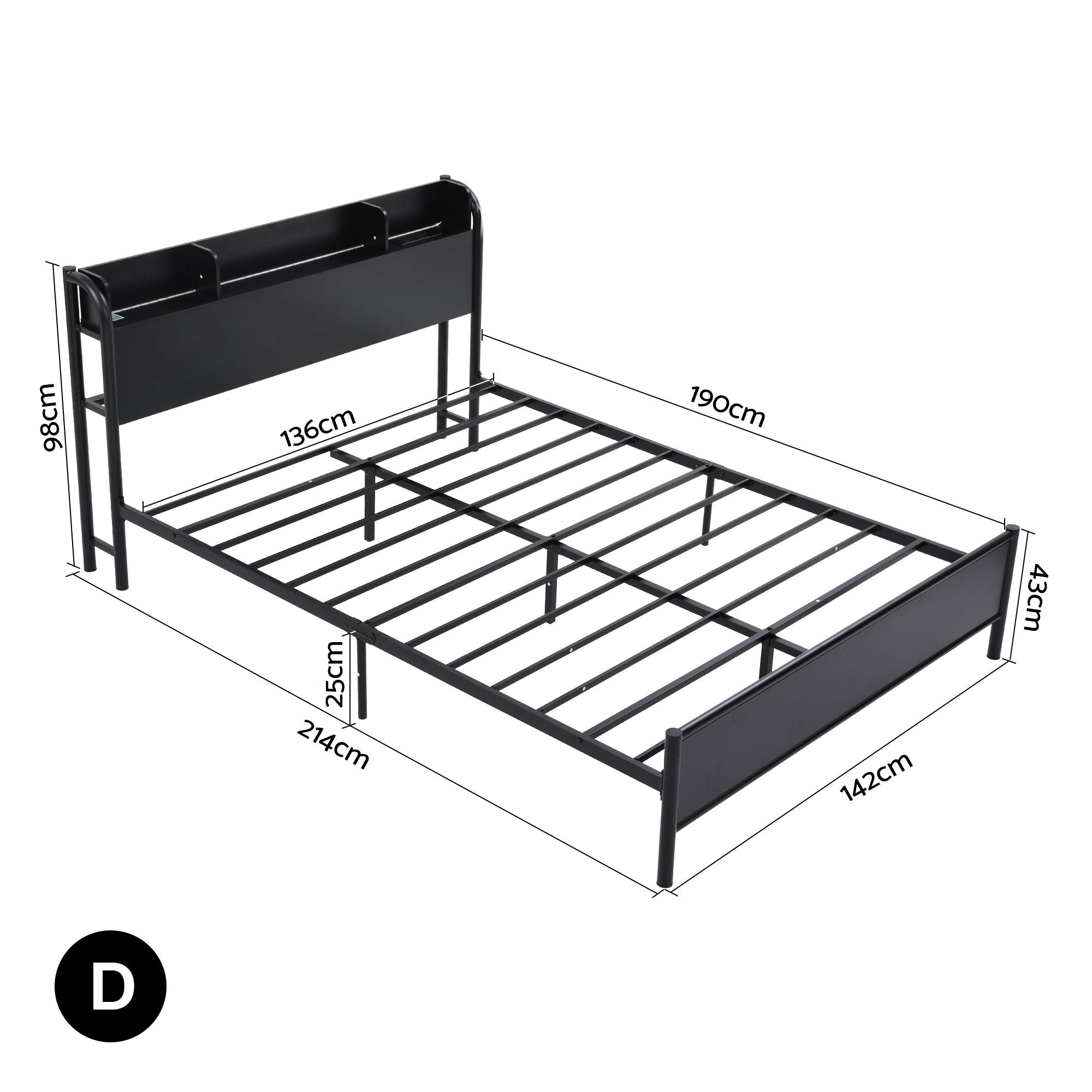Artiss GRID Metal Bed Frame with Charging Headboard – Double