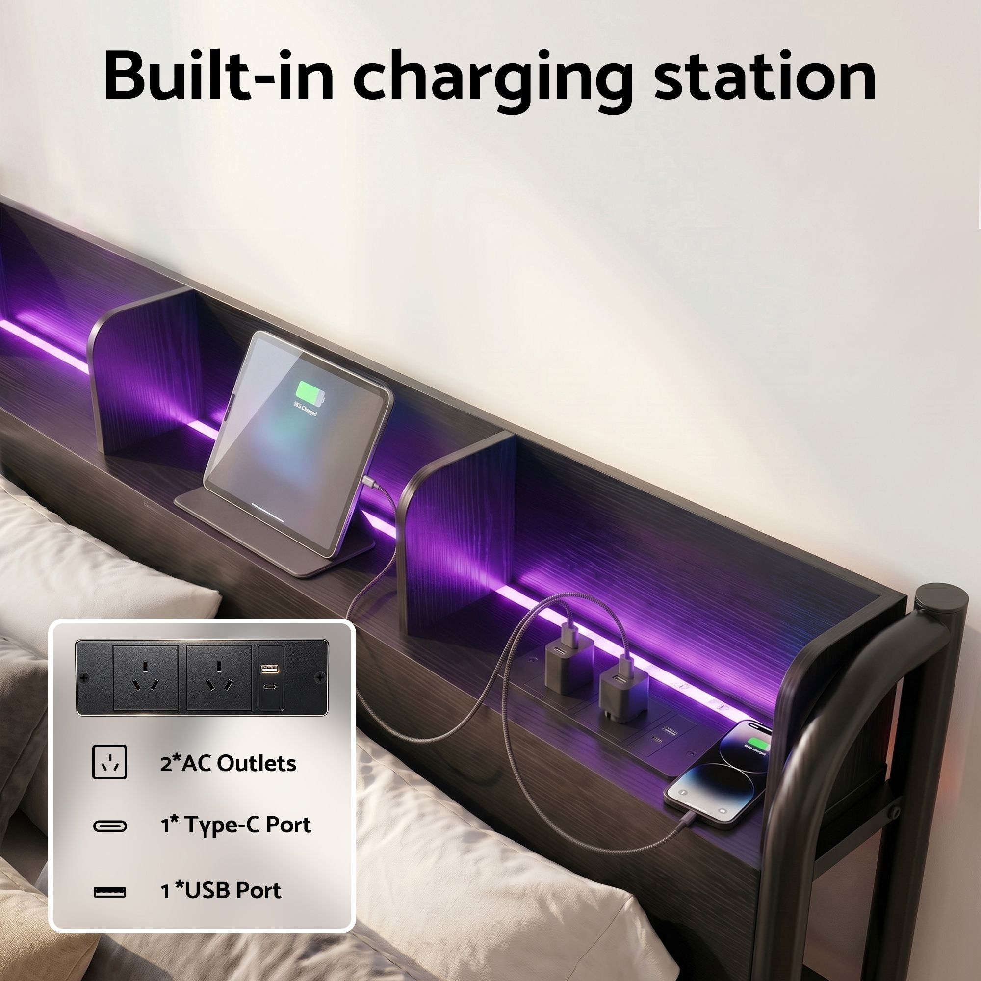 Artiss GRID Metal Bed Frame with Charging Headboard – Double