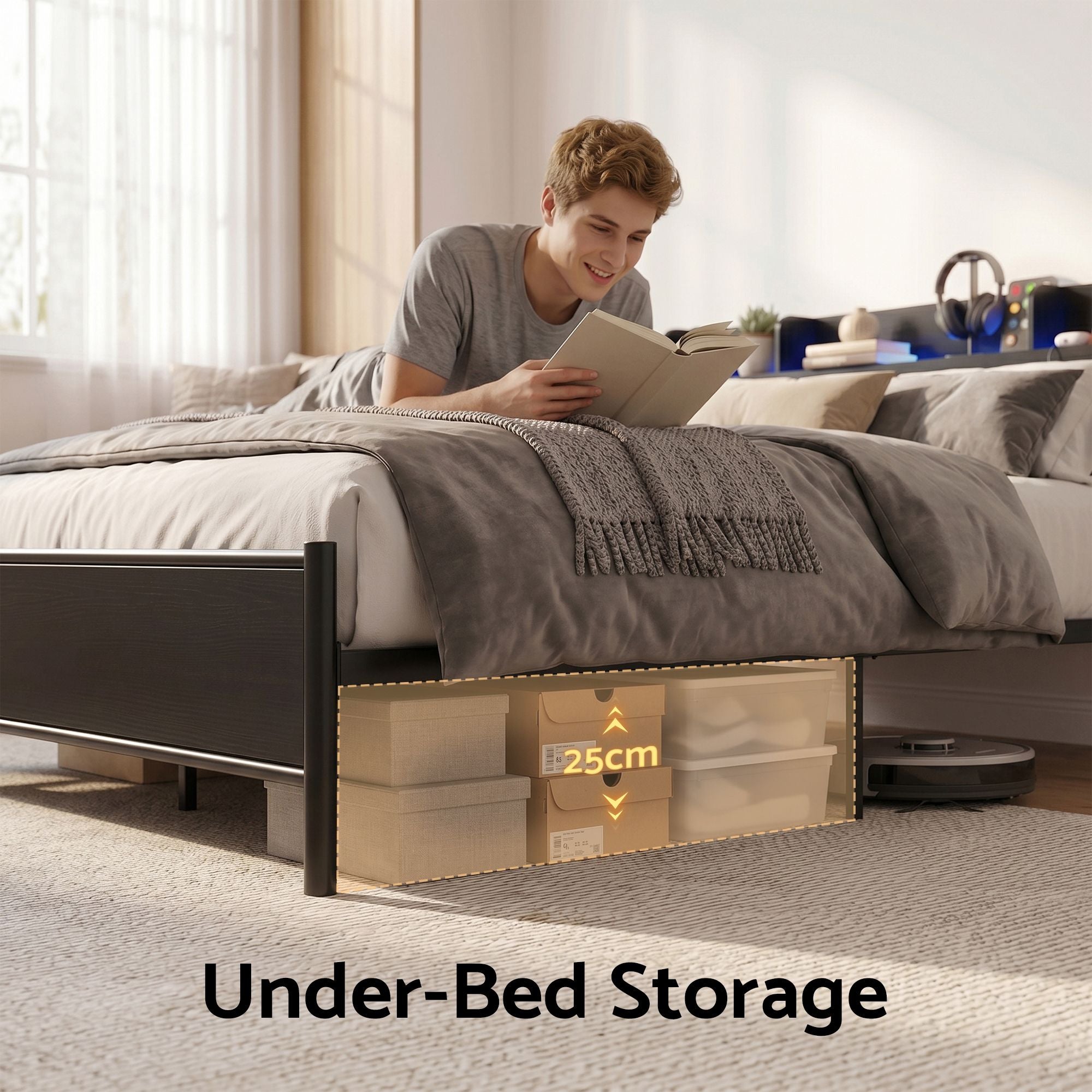 Artiss GRID Metal Bed Frame with Charging Headboard – Double