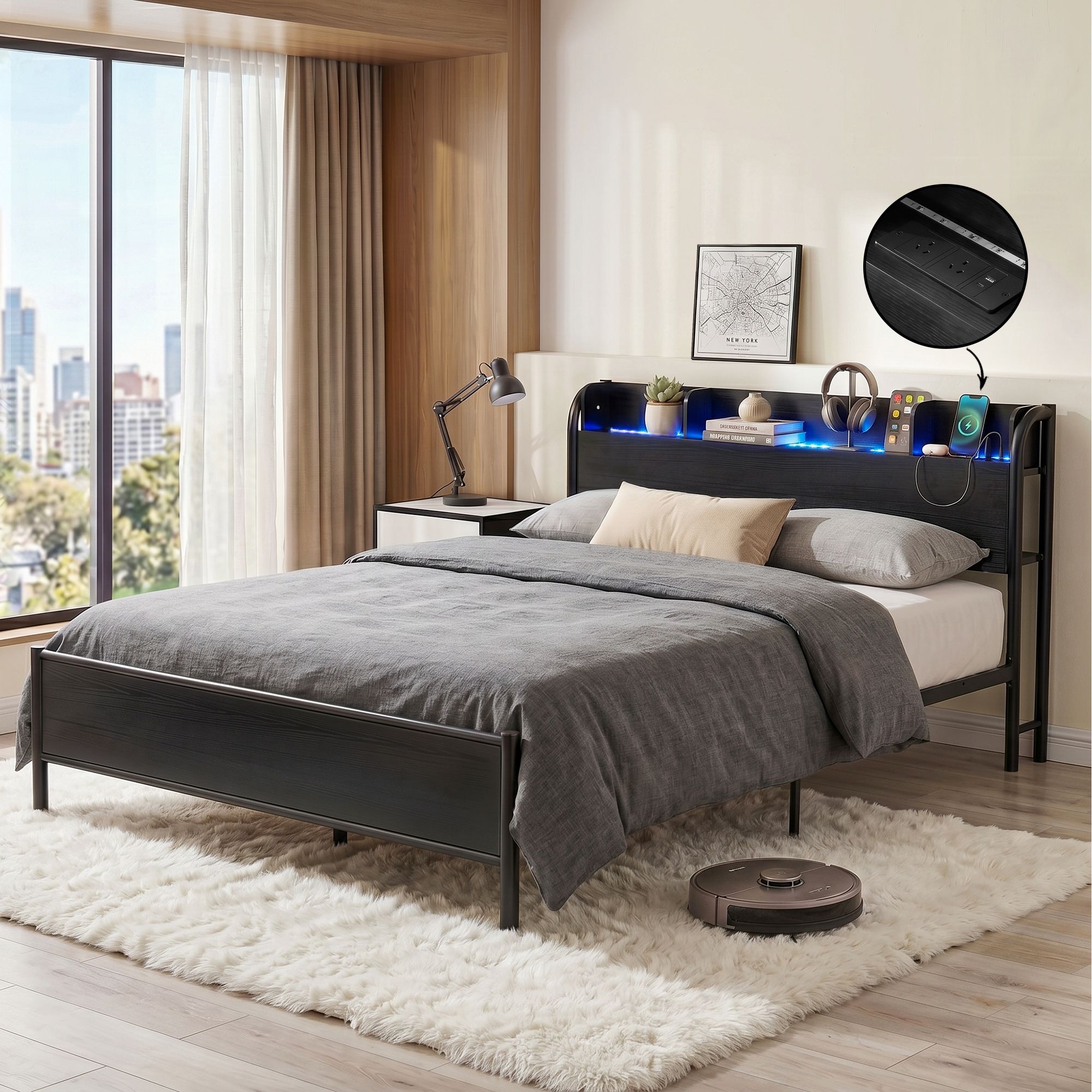 Artiss GRID Metal Bed Frame with Charging Headboard – Queen