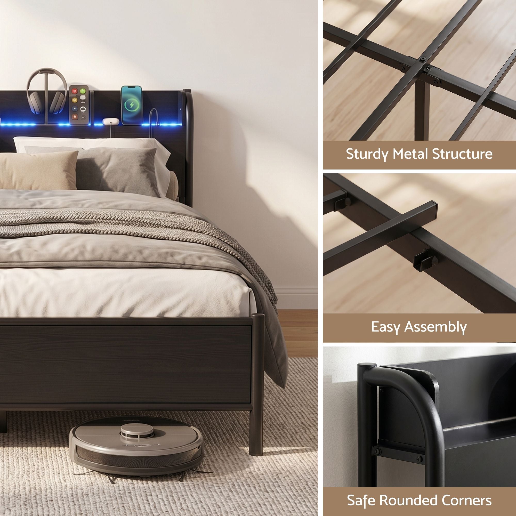 Artiss GRID Metal Bed Frame with Charging Headboard – Single