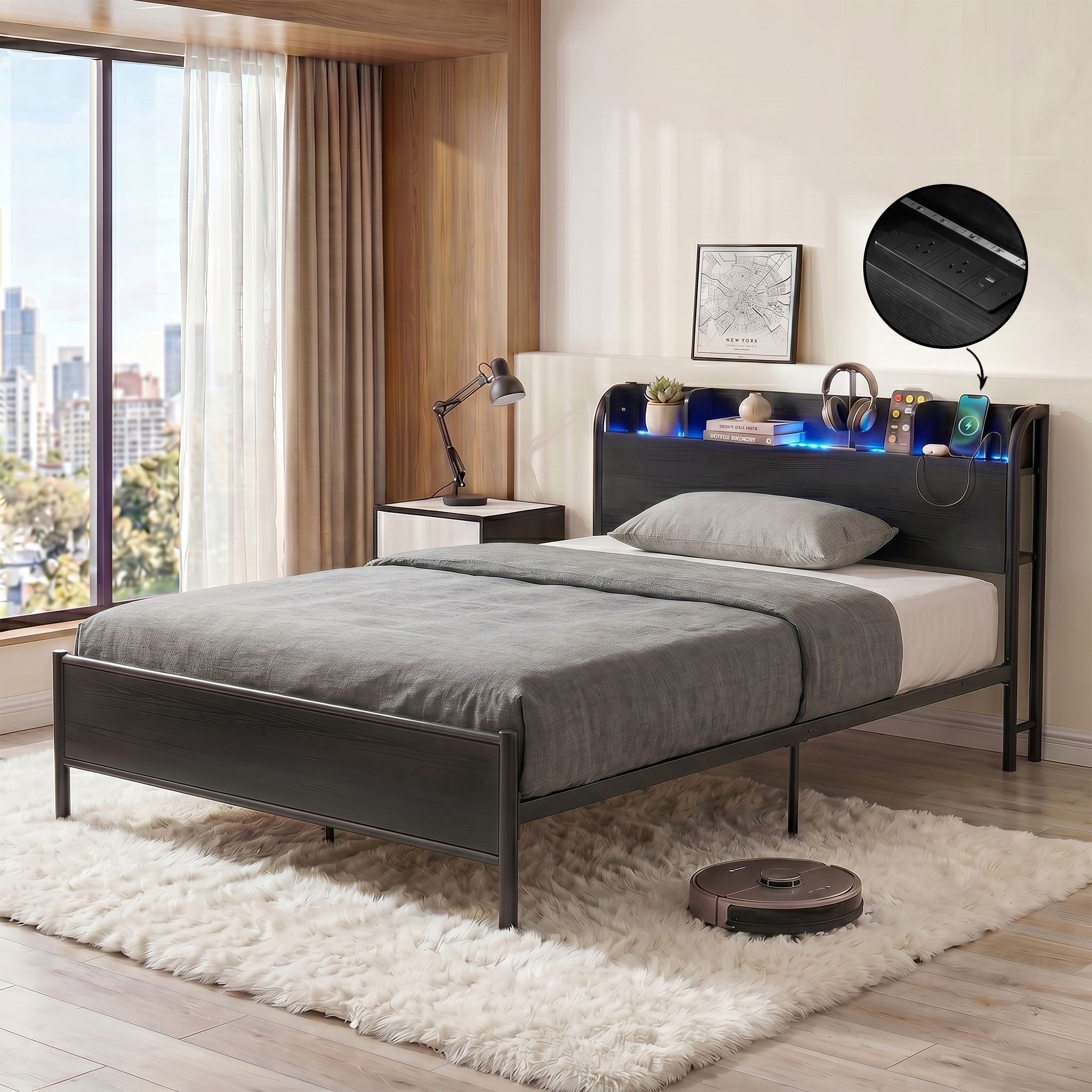 Artiss GRID Metal Bed Frame with Charging Headboard – Single