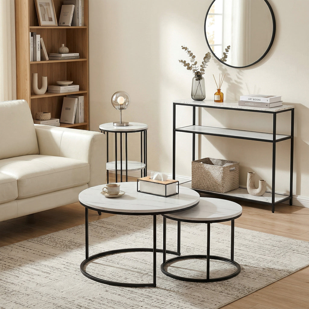 Artiss Console Table Marble Effect 3-Tier Sofa Entryway Side Table 90CM White