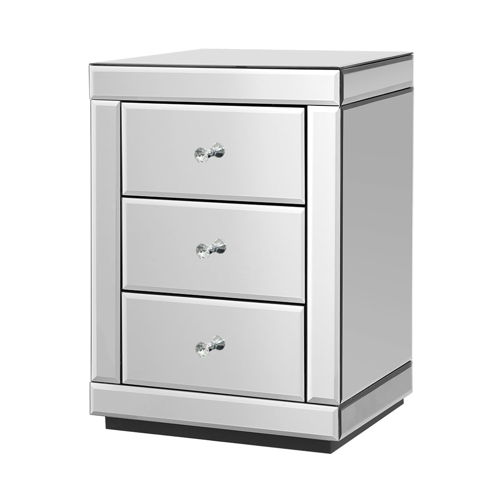 Artiss Presia Mirrored 3-Drawer Bedside Table – Silver