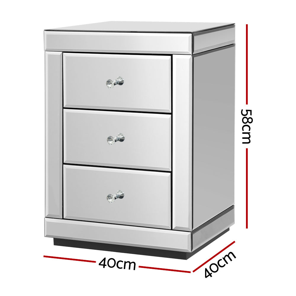 Artiss Presia Mirrored 3-Drawer Bedside Table – Silver