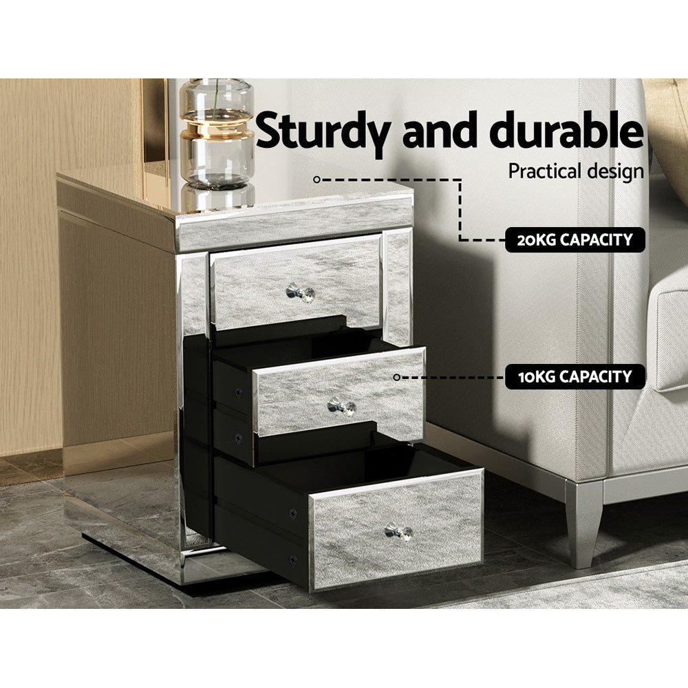 Artiss Presia Mirrored 3-Drawer Bedside Table – Silver