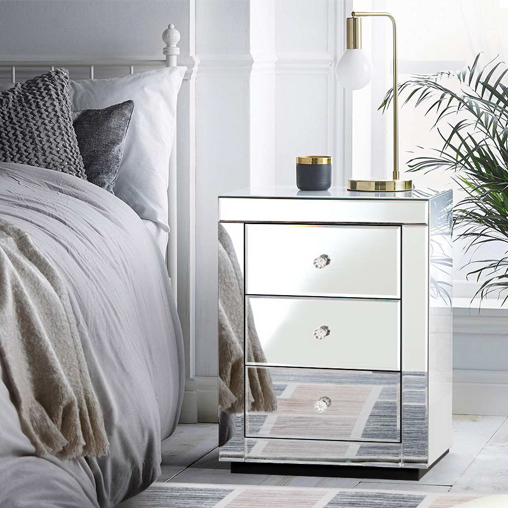 Artiss Presia Mirrored 3-Drawer Bedside Table – Silver