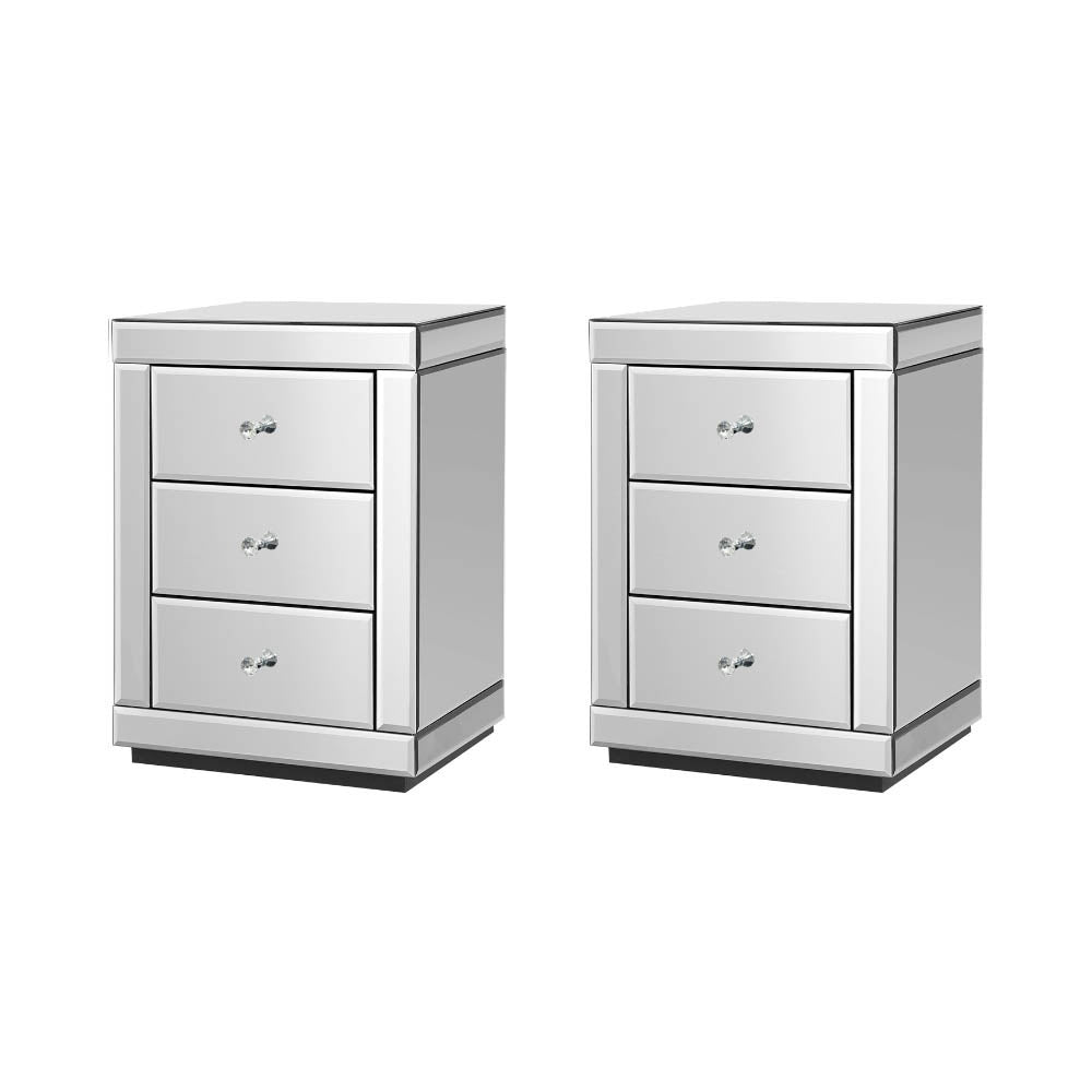 Artiss Presia Mirrored 3-Drawer Bedside Tables – Silver, Set of 2