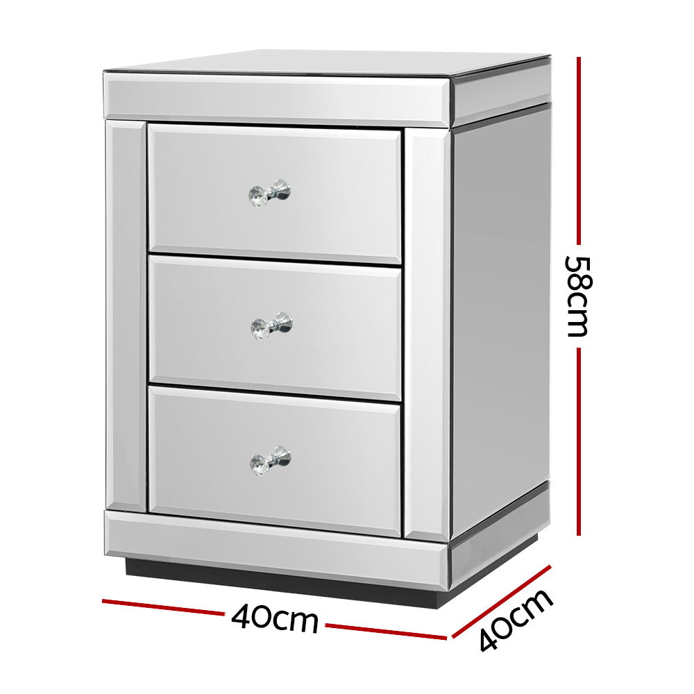 Artiss Presia Mirrored 3-Drawer Bedside Tables – Silver, Set of 2