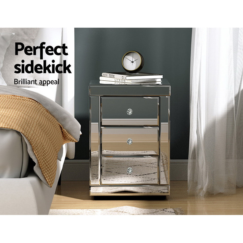 Artiss Presia Mirrored 3-Drawer Bedside Tables – Silver, Set of 2