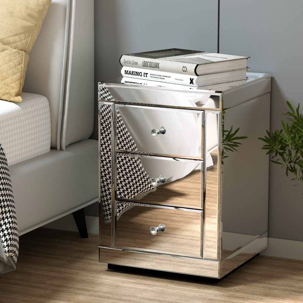 Artiss Presia Mirrored 3-Drawer Bedside Tables – Silver, Set of 2