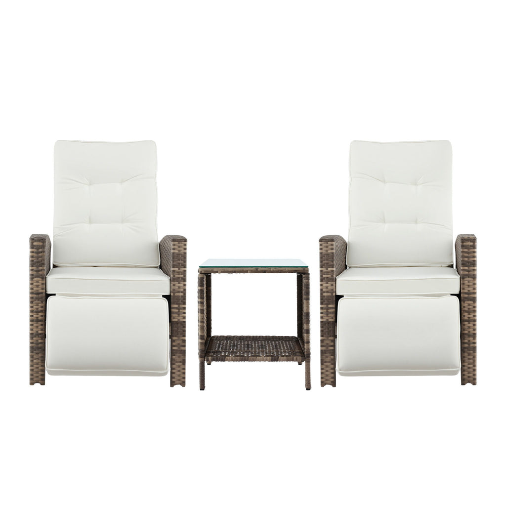 Gardeon 3PC Outdoor Bistro Set Recliner Chairs Table Sun lounge Patio Furniture Wicker Adjustable