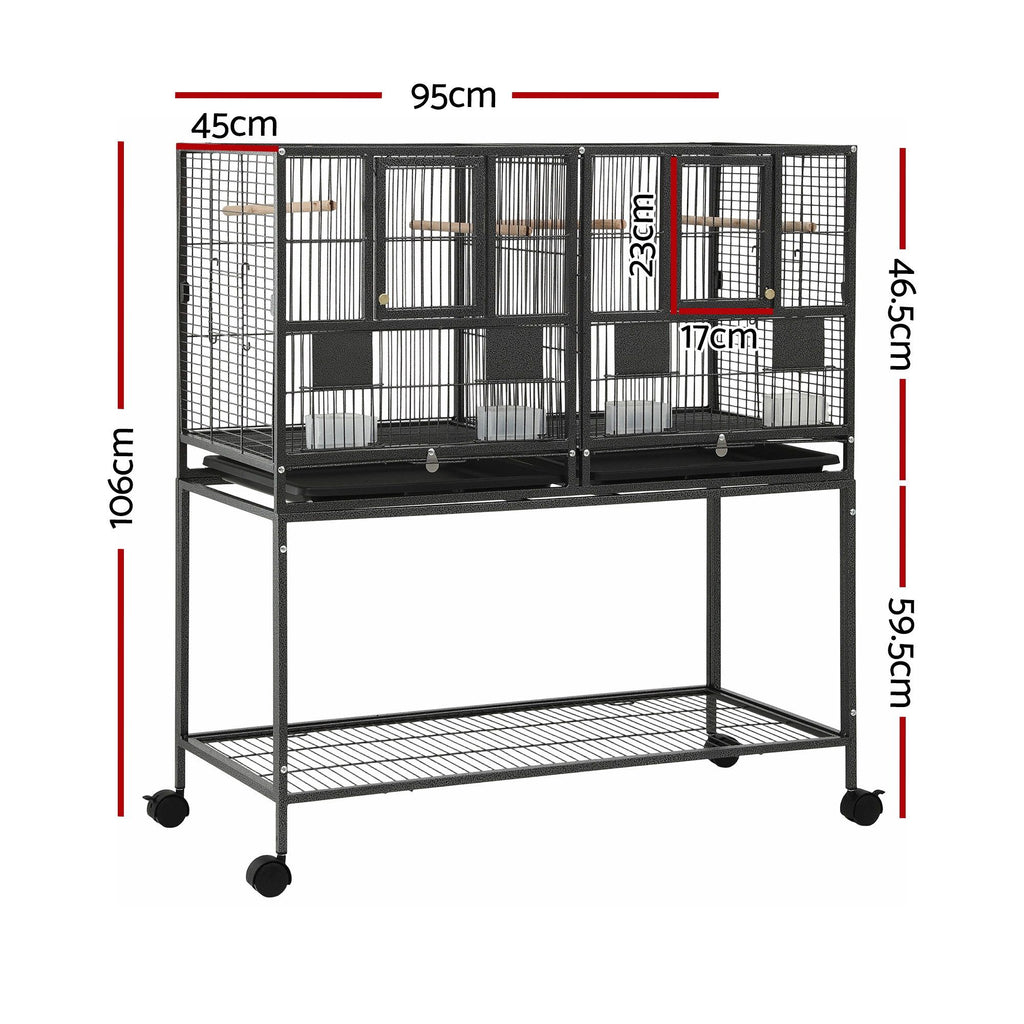 i.Pet 106cm 2-in-1 Bird Cage Aviary with Divider Parrot Budgie Wheels Black