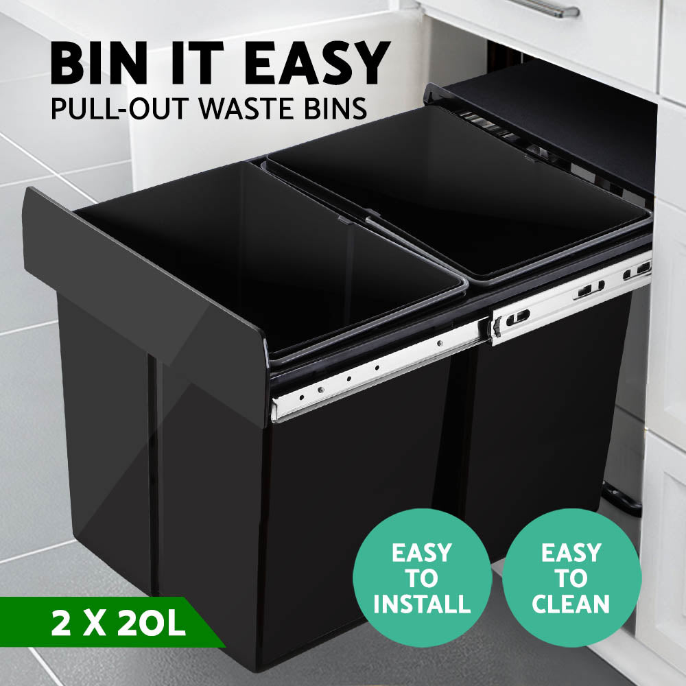 Cefito 2 × 20L Pull-Out Kitchen Bin – Black