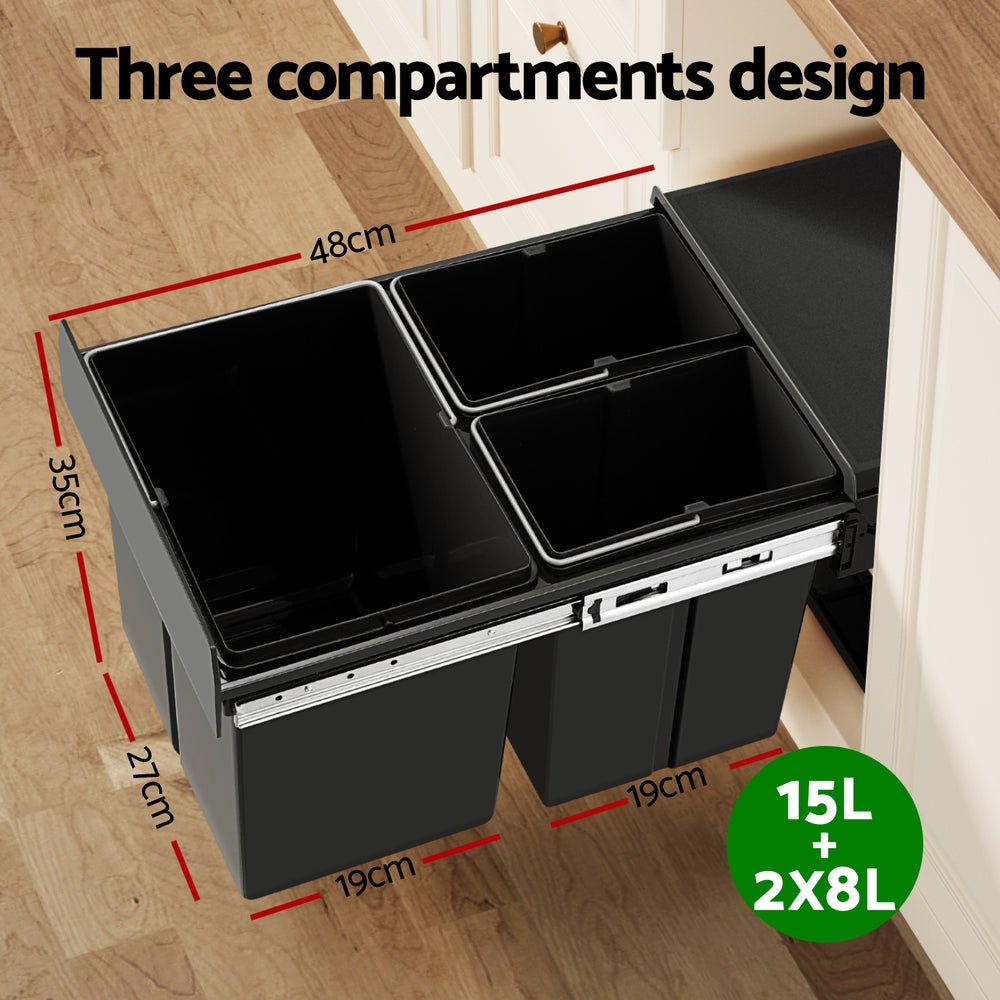 Cefito 31L Triple Pull-Out Kitchen Bin – Black