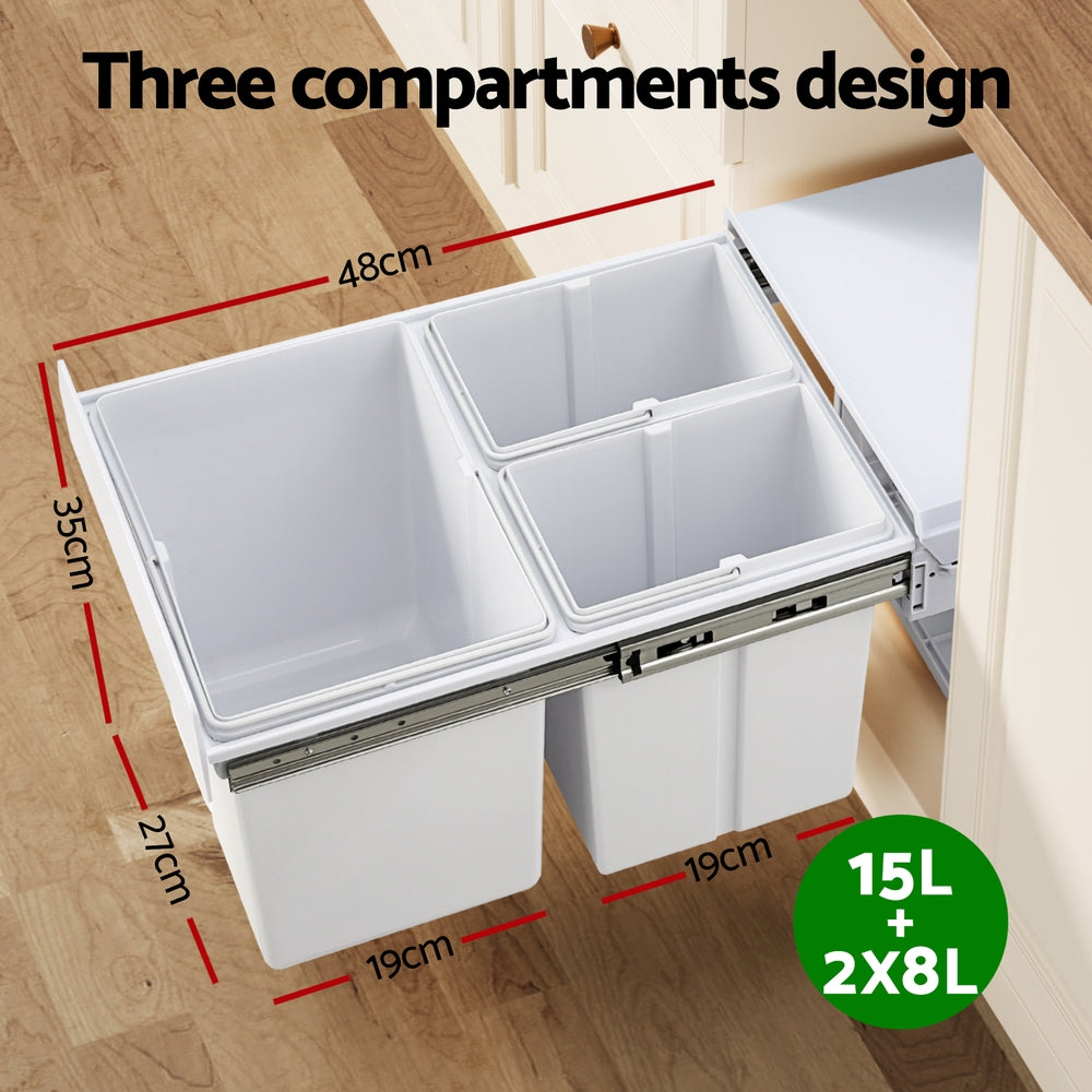 Cefito 31L Triple Pull-Out Kitchen Bin – White