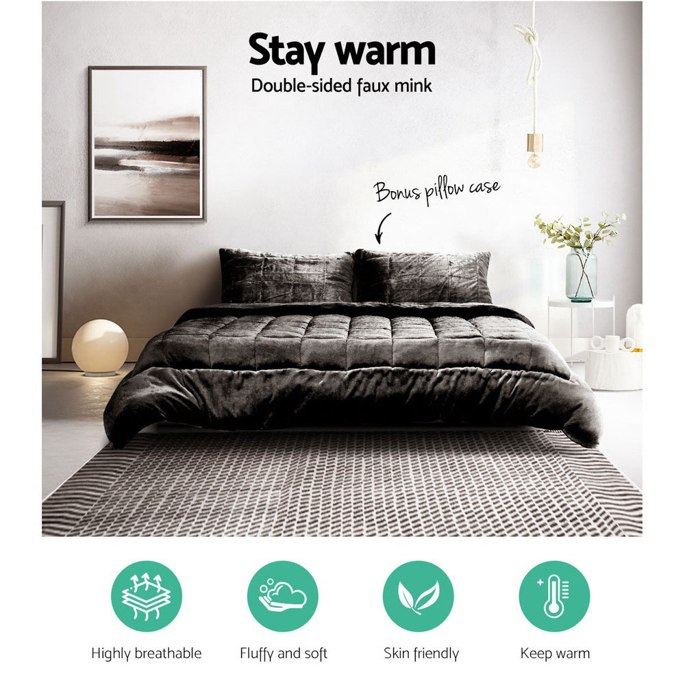 Giselle Bedding Faux Mink Quilt Set – Charcoal, Queen