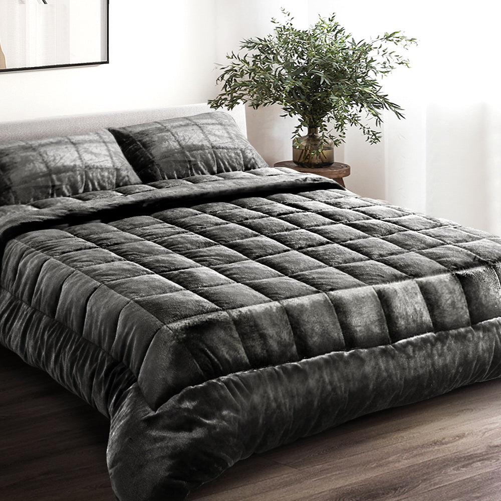 Giselle Bedding Faux Mink Quilt Set – Charcoal, Queen