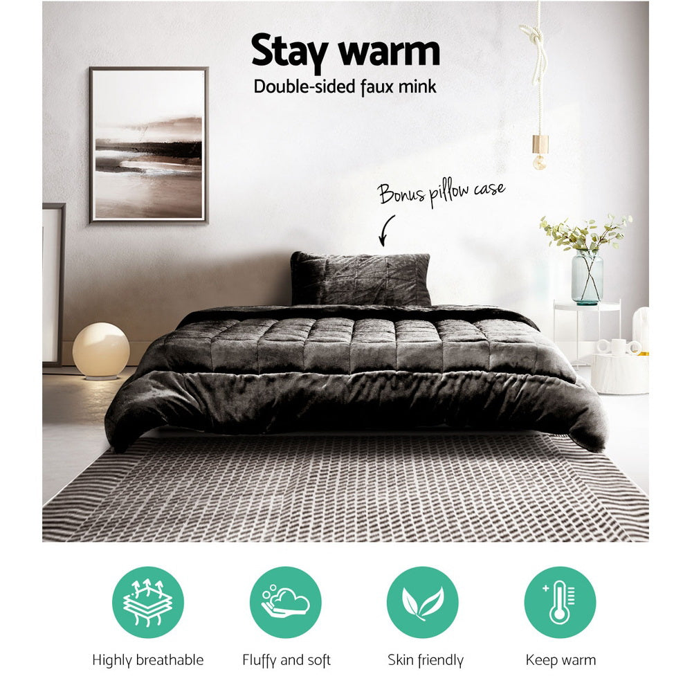 Giselle Bedding Faux Mink Quilt Set – Charcoal, Single