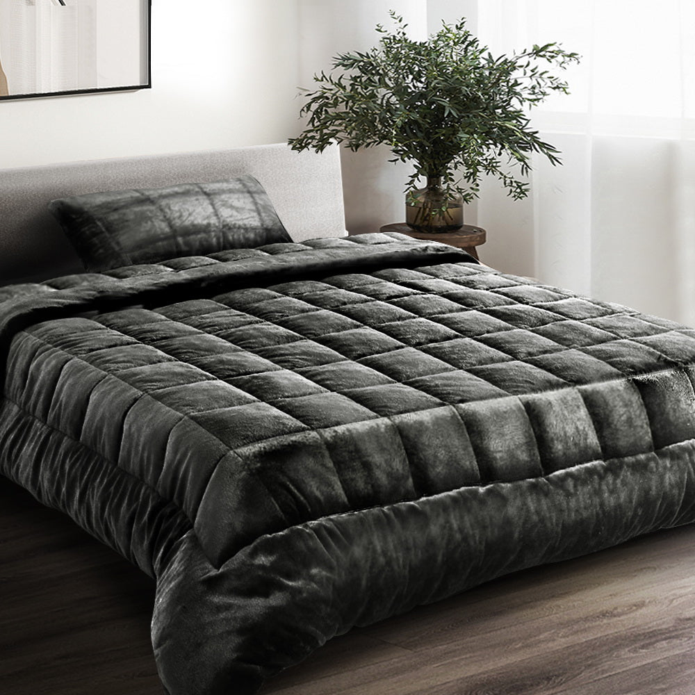Giselle Bedding Faux Mink Quilt Set – Charcoal, Single