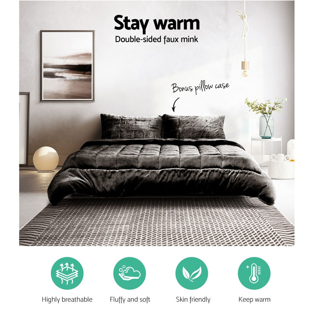 Giselle Bedding Faux Mink Quilt Set – Charcoal, Super King