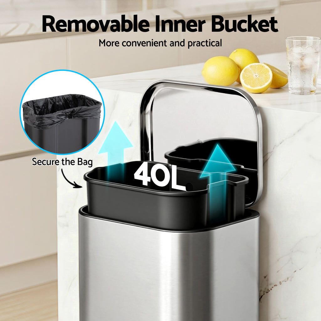 Cefito 40L Soft-Close Pedal Bin – Silver