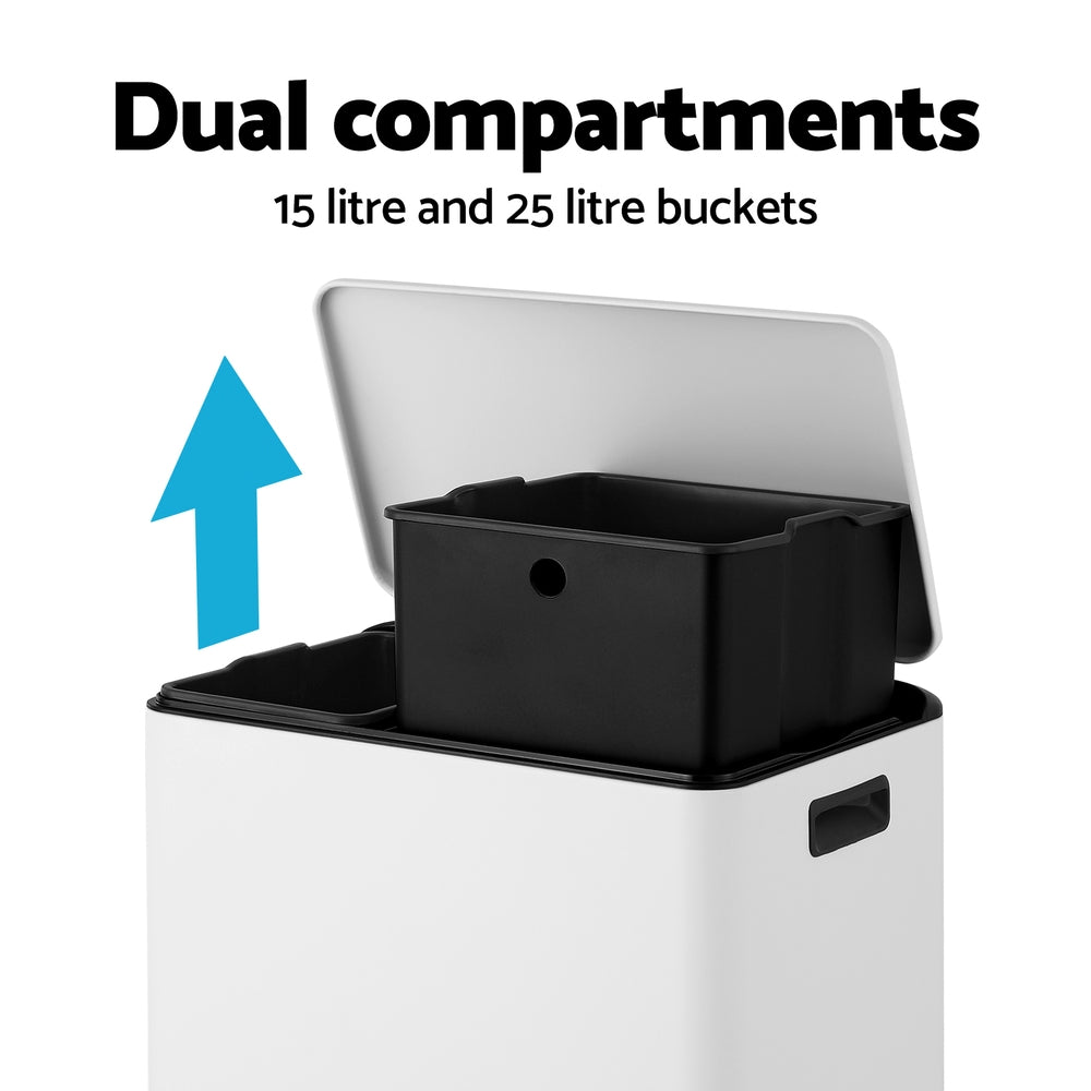 Cefito 40L Dual-Compartment Pedal Bin – White