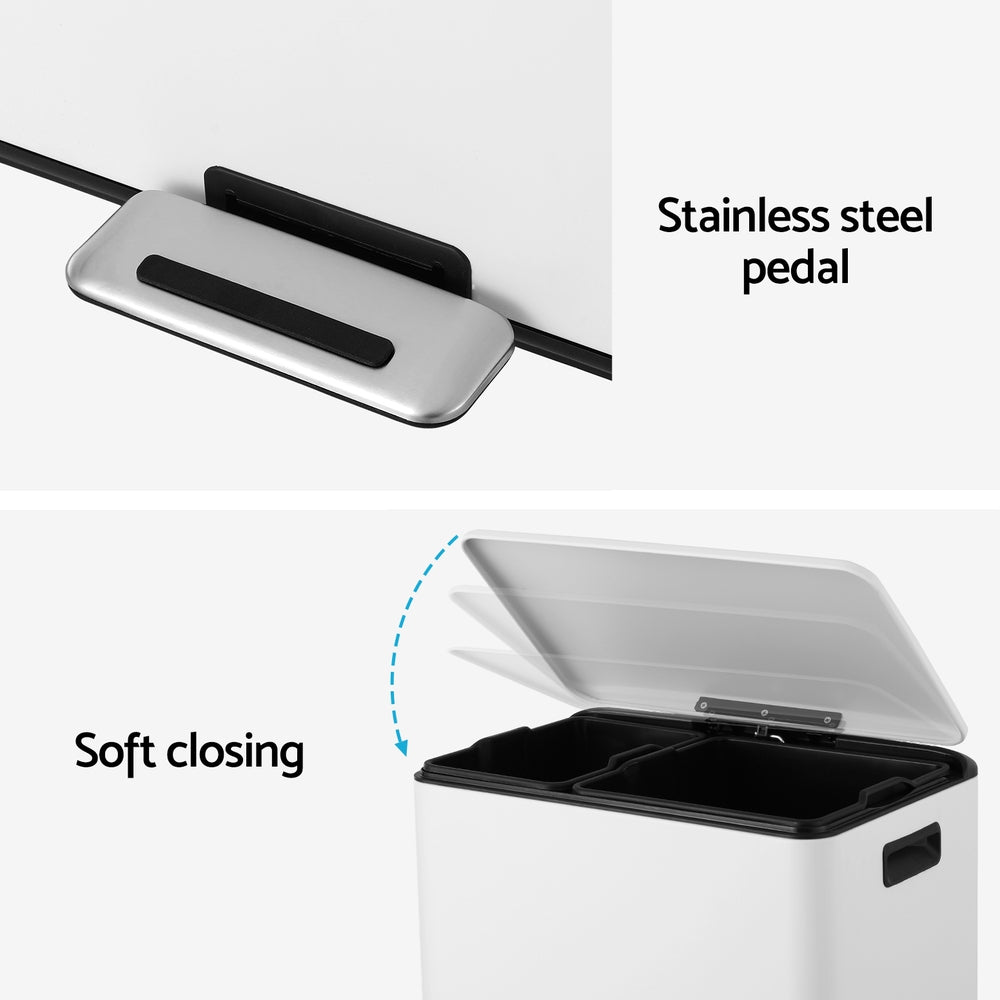 Cefito 40L Dual-Compartment Pedal Bin – White
