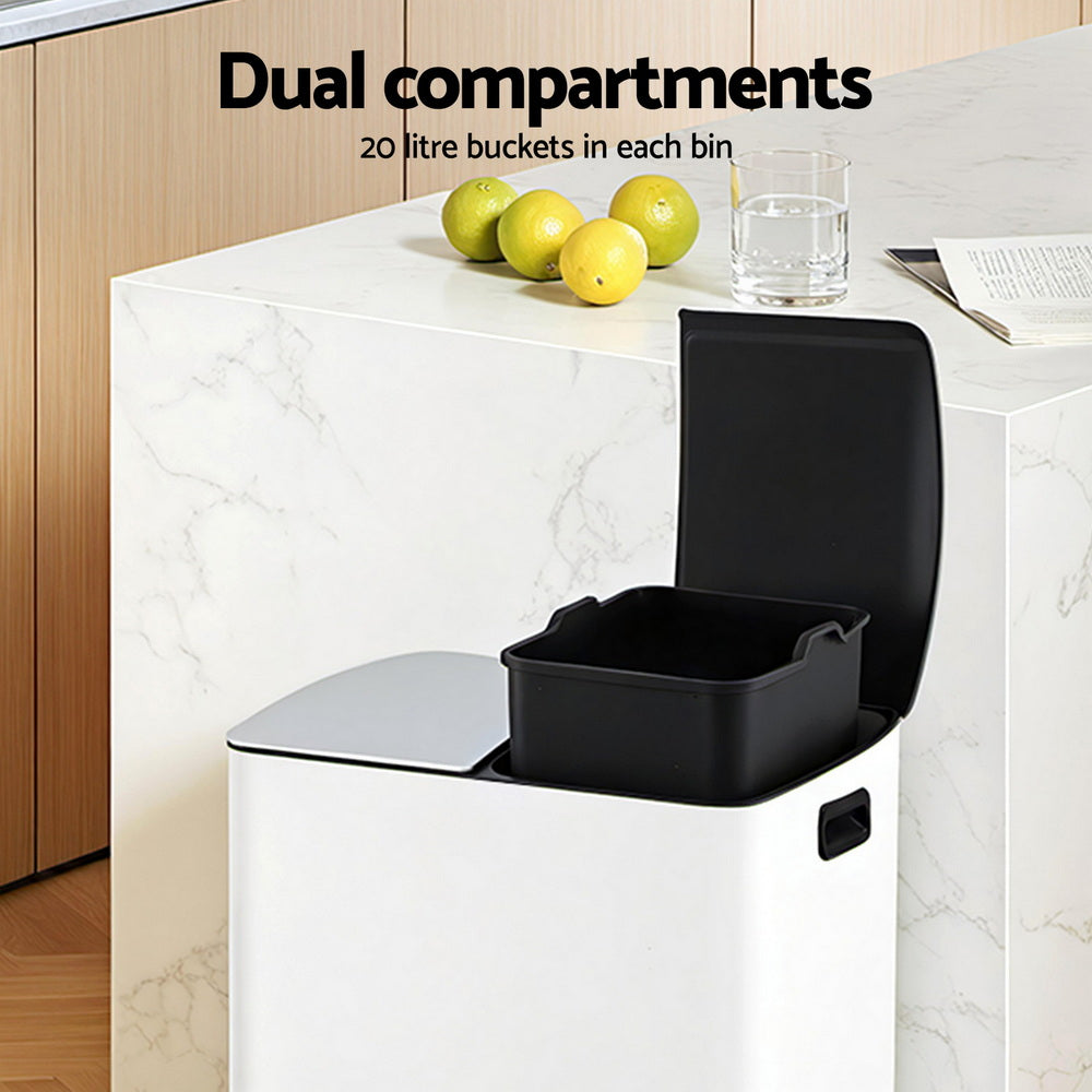 Cefito 40L Dual-Compartment Pedal Bin – White