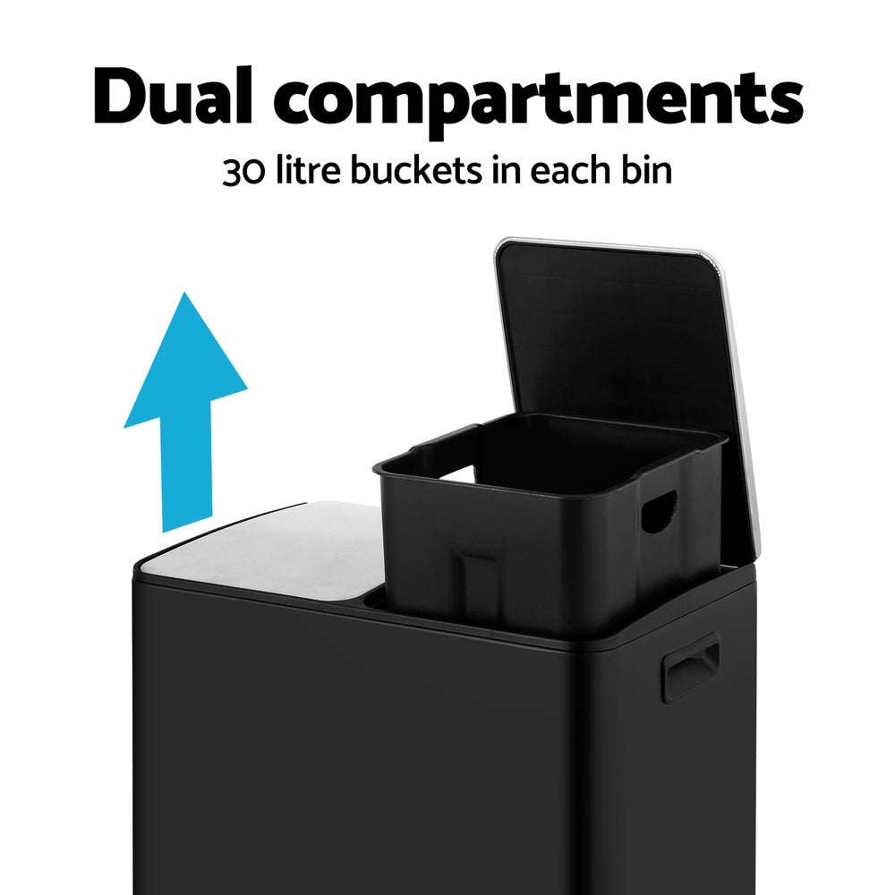 Cefito 60L Dual-Compartment Pedal Bin – Black