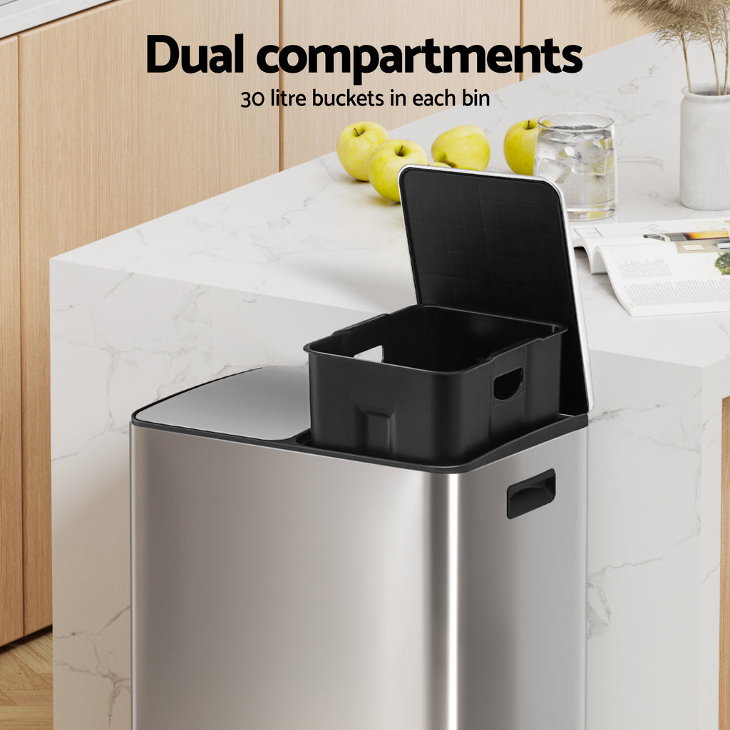Cefito 60L Dual-Compartment Pedal Bin – Silver