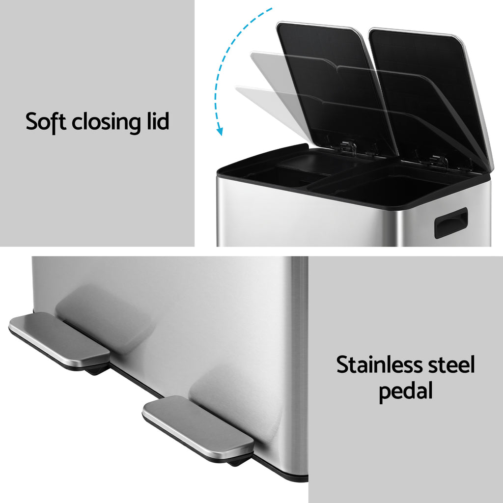 Cefito 60L Dual-Compartment Pedal Bin – Silver