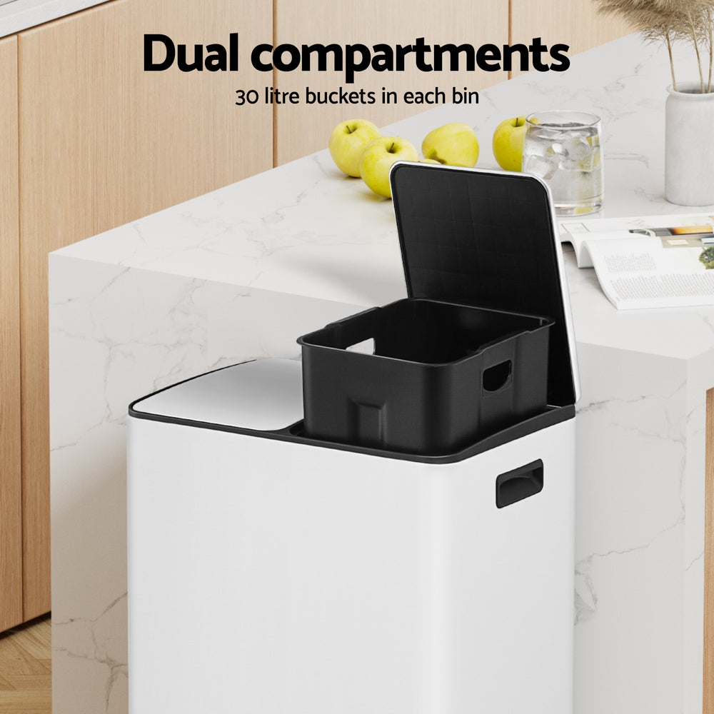 Cefito 60L Dual-Compartment Pedal Bin – White
