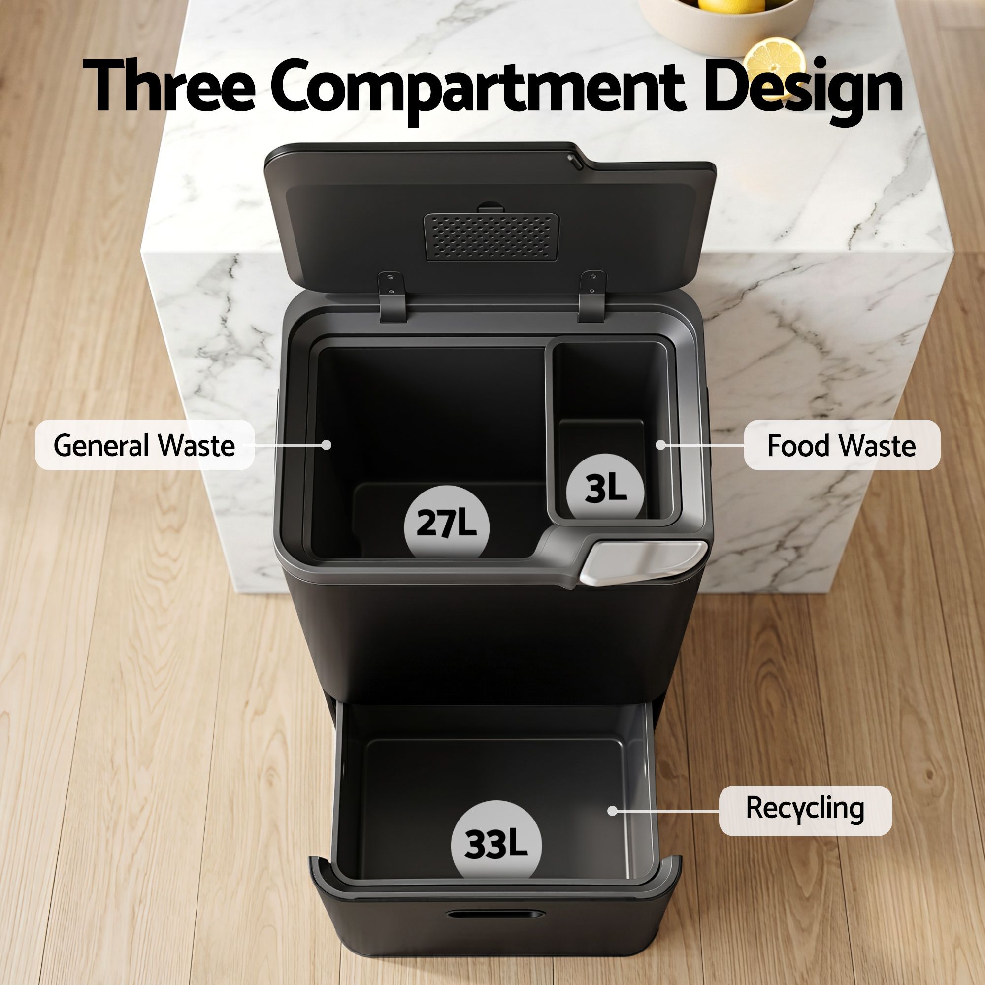 Cefito 63L Three-Compartment Bin – Black