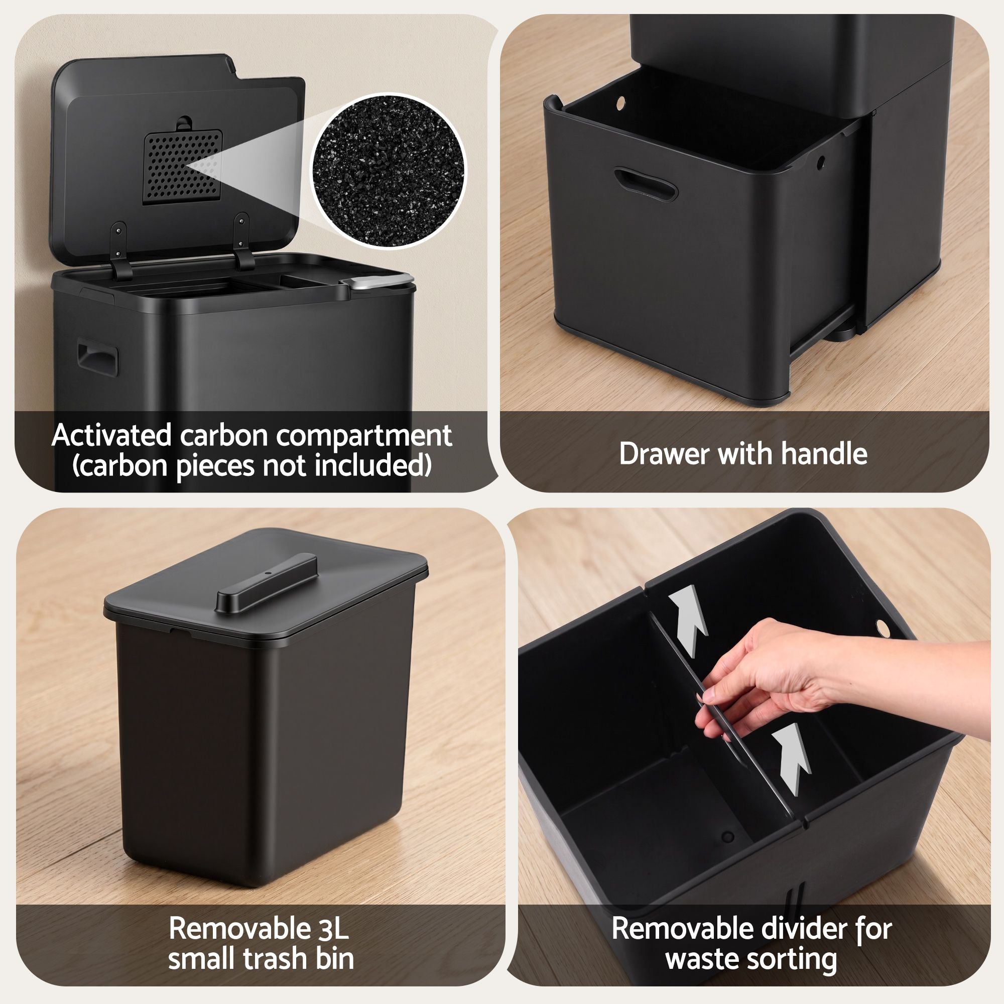 Cefito 63L Three-Compartment Bin – Black