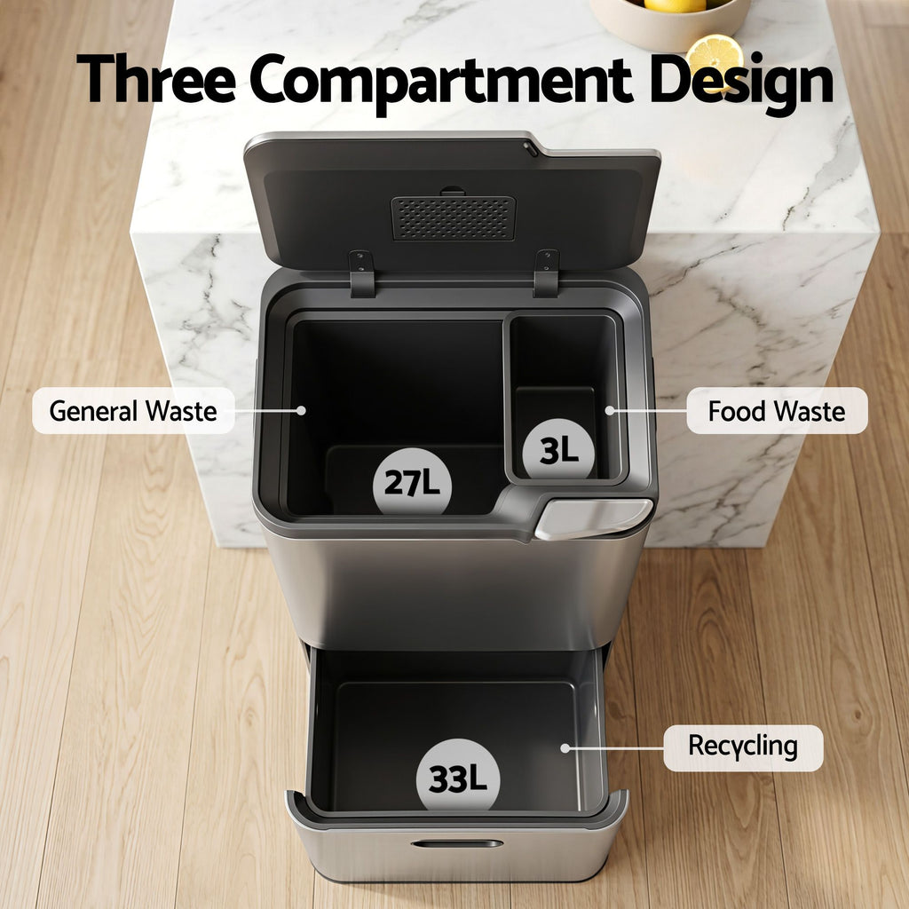 Cefito 63L Three-Compartment Bin – Stainless Steel