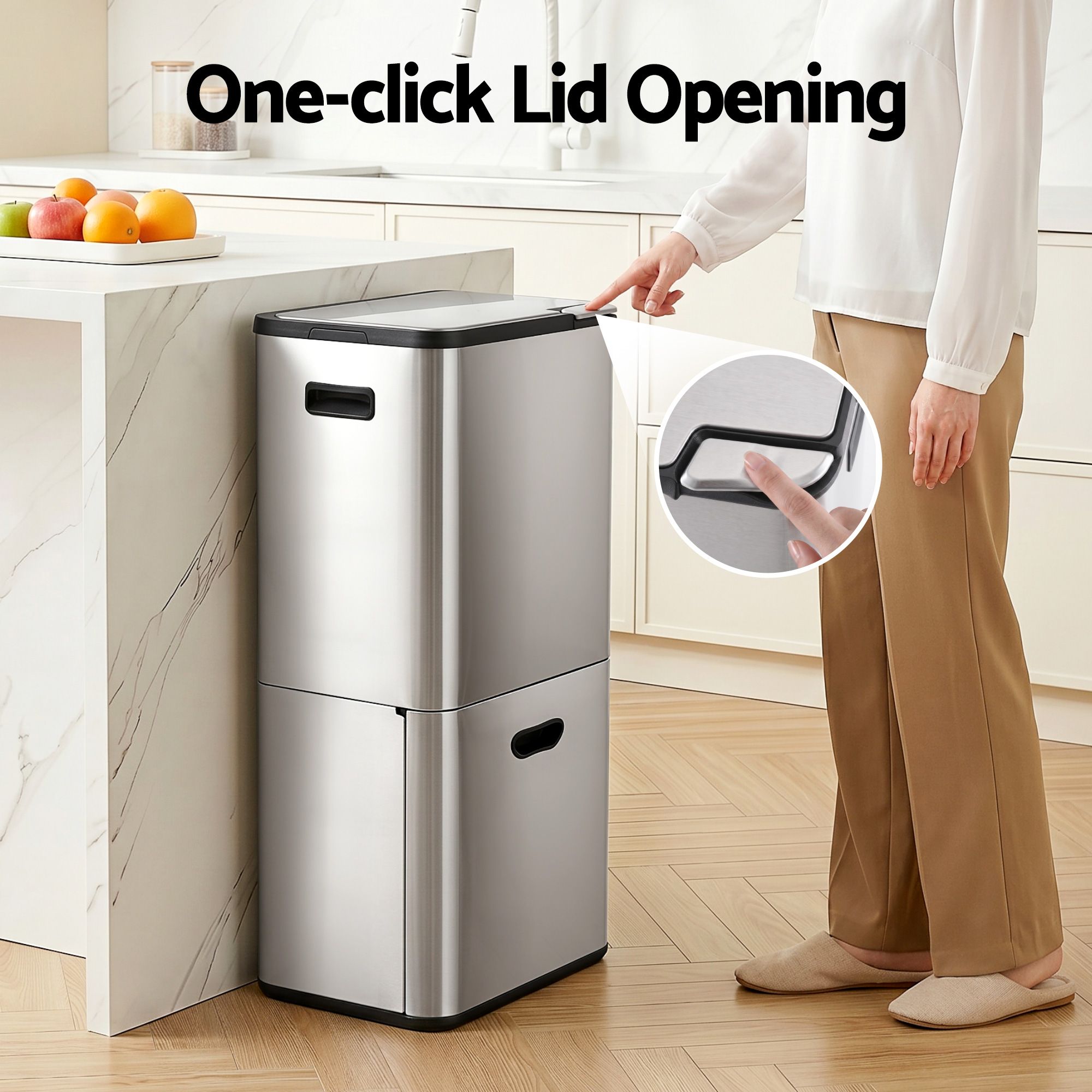 Cefito 63L Three-Compartment Bin – Stainless Steel