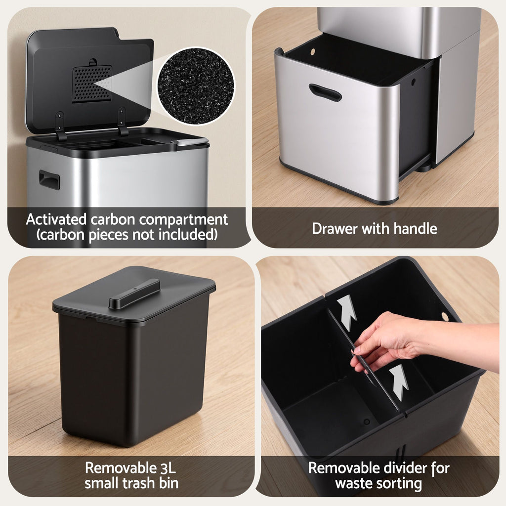 Cefito 63L Three-Compartment Bin – Stainless Steel