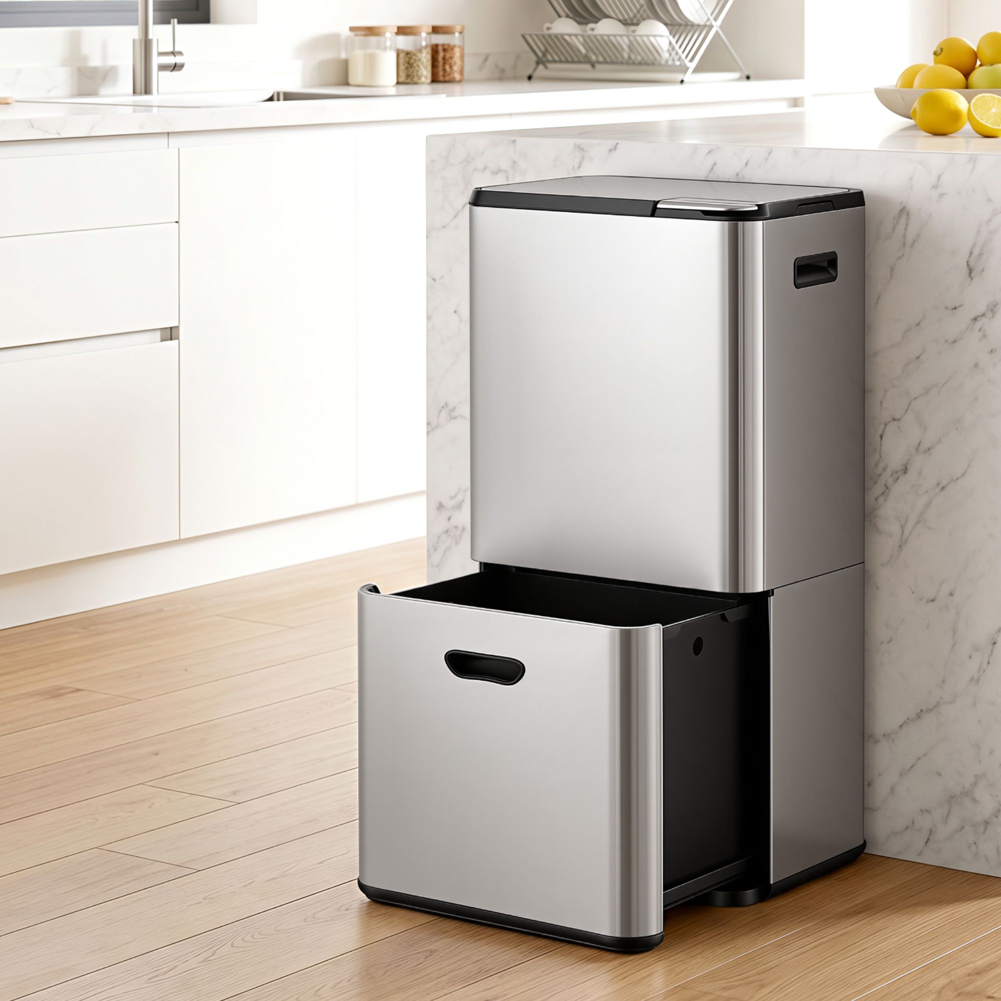 Cefito 63L Three-Compartment Bin – Stainless Steel