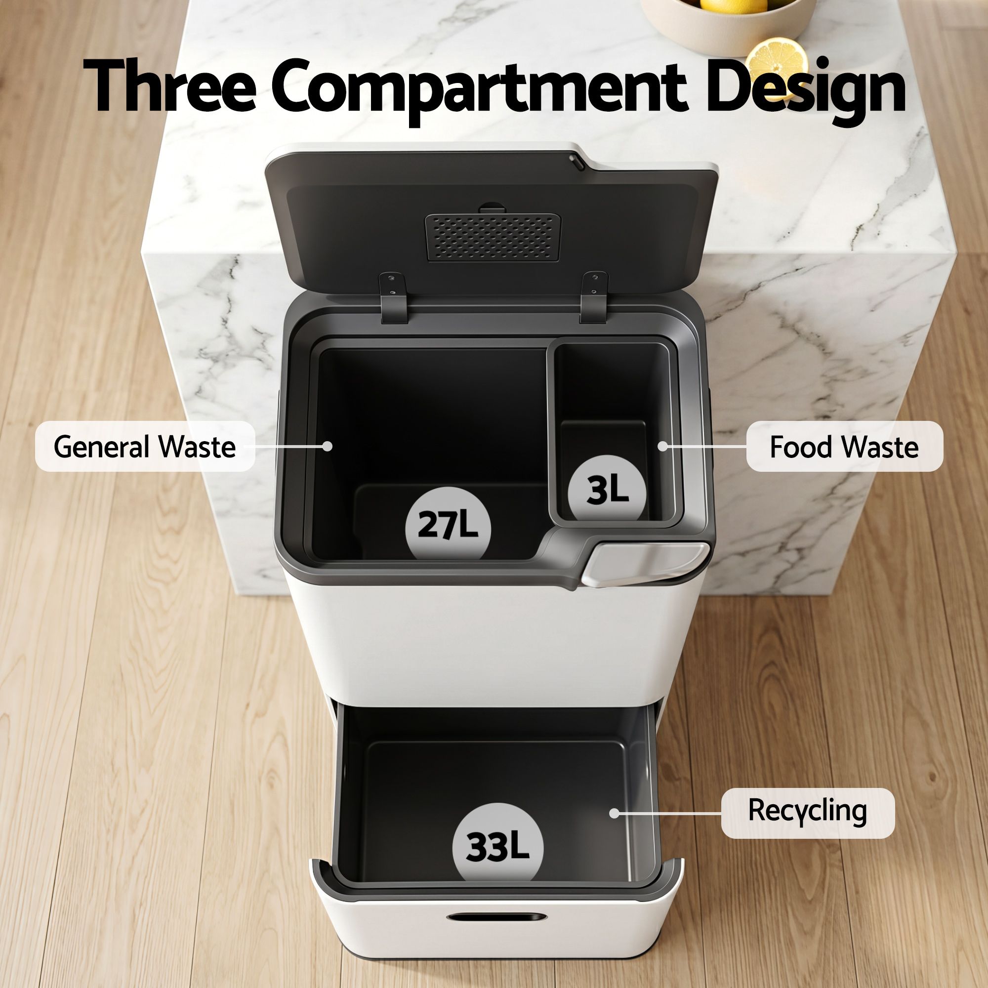 Cefito 63L Three-Compartment Bin – White