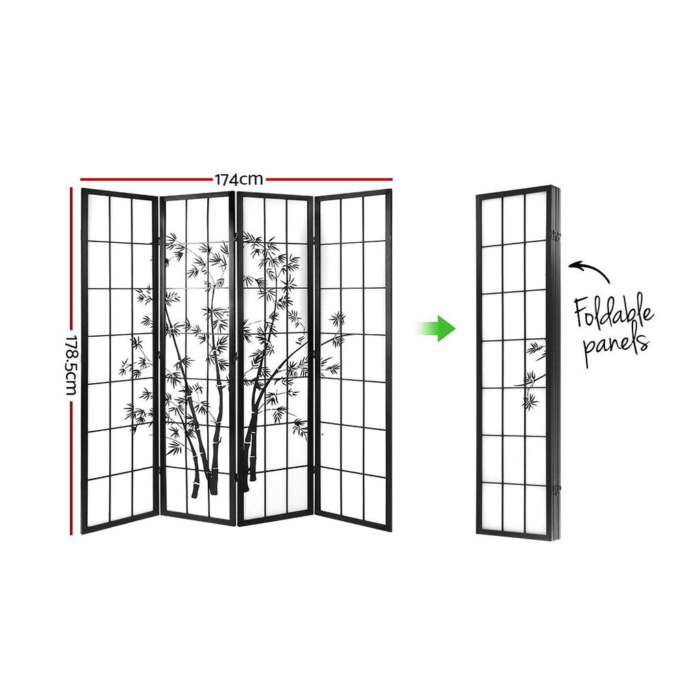 4-Panel Room Divider – 174x179cm, Bamboo Black White | Artiss