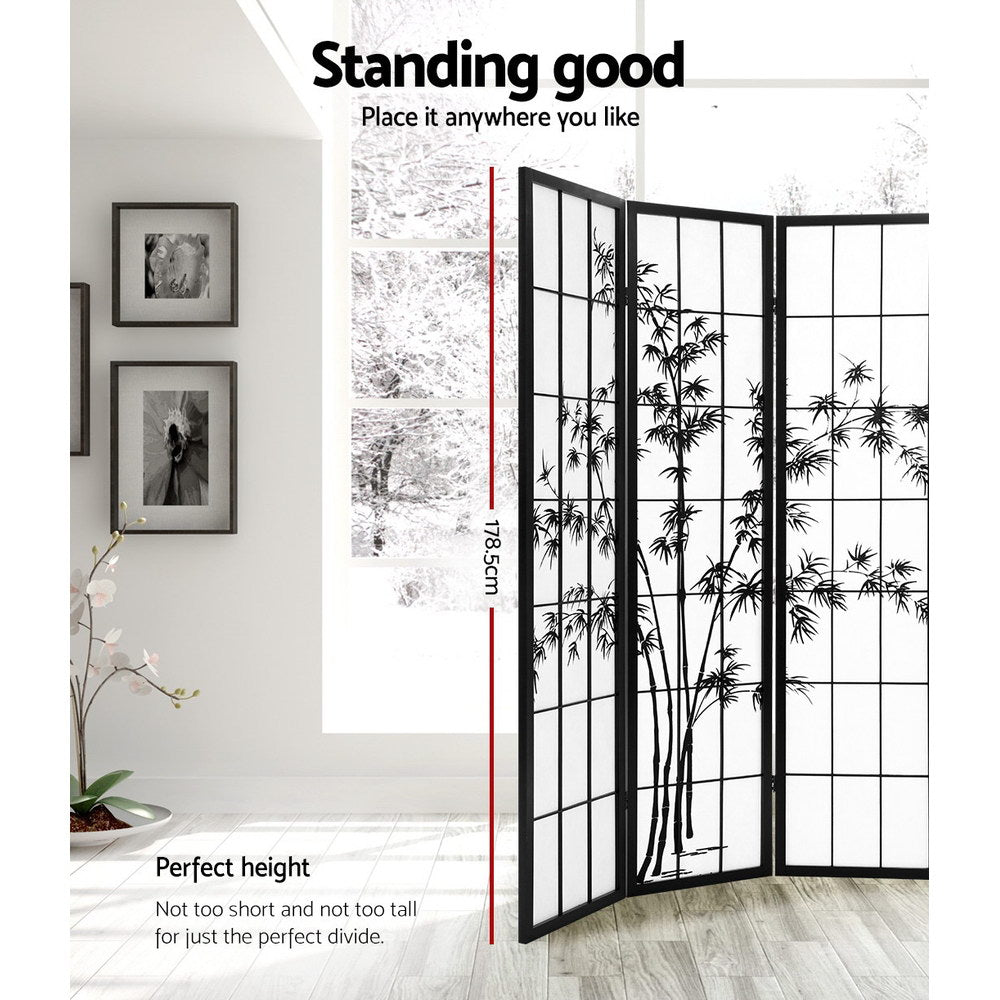 4-Panel Room Divider – 174x179cm, Bamboo Black White | Artiss